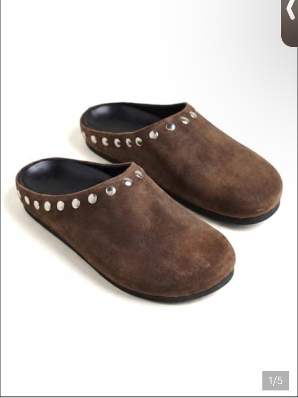 Anthropologie Brown Suede Studded Slip-On Mules